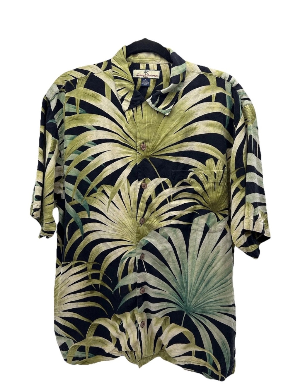 Tommy Bahama Black and Green Palm-Print Short Sleeve Button-Up Shirt
